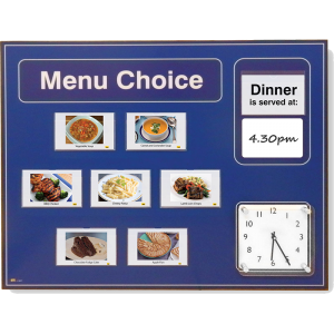 Picture Menu Board with analogue clock and free picture library - Blue 