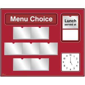 Picture Menu Board with analogue clock and free picture library - Red